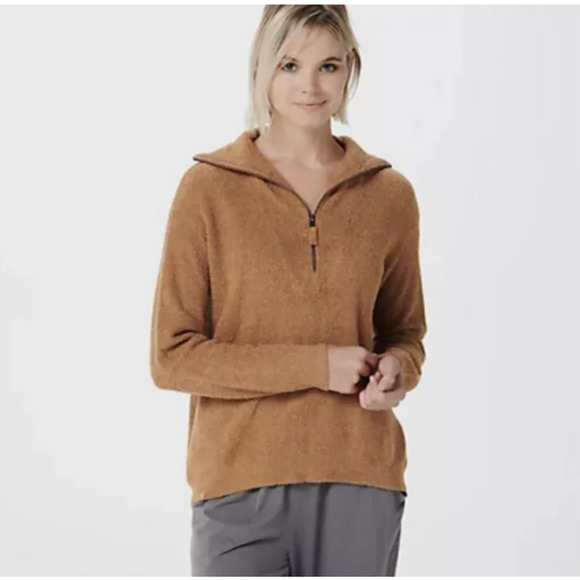 Barefoot Dreams Sweaters - Barefoot Dreams Sweater Large Brown Cozychic Lite Half Zip Hi Low Pullover Honey